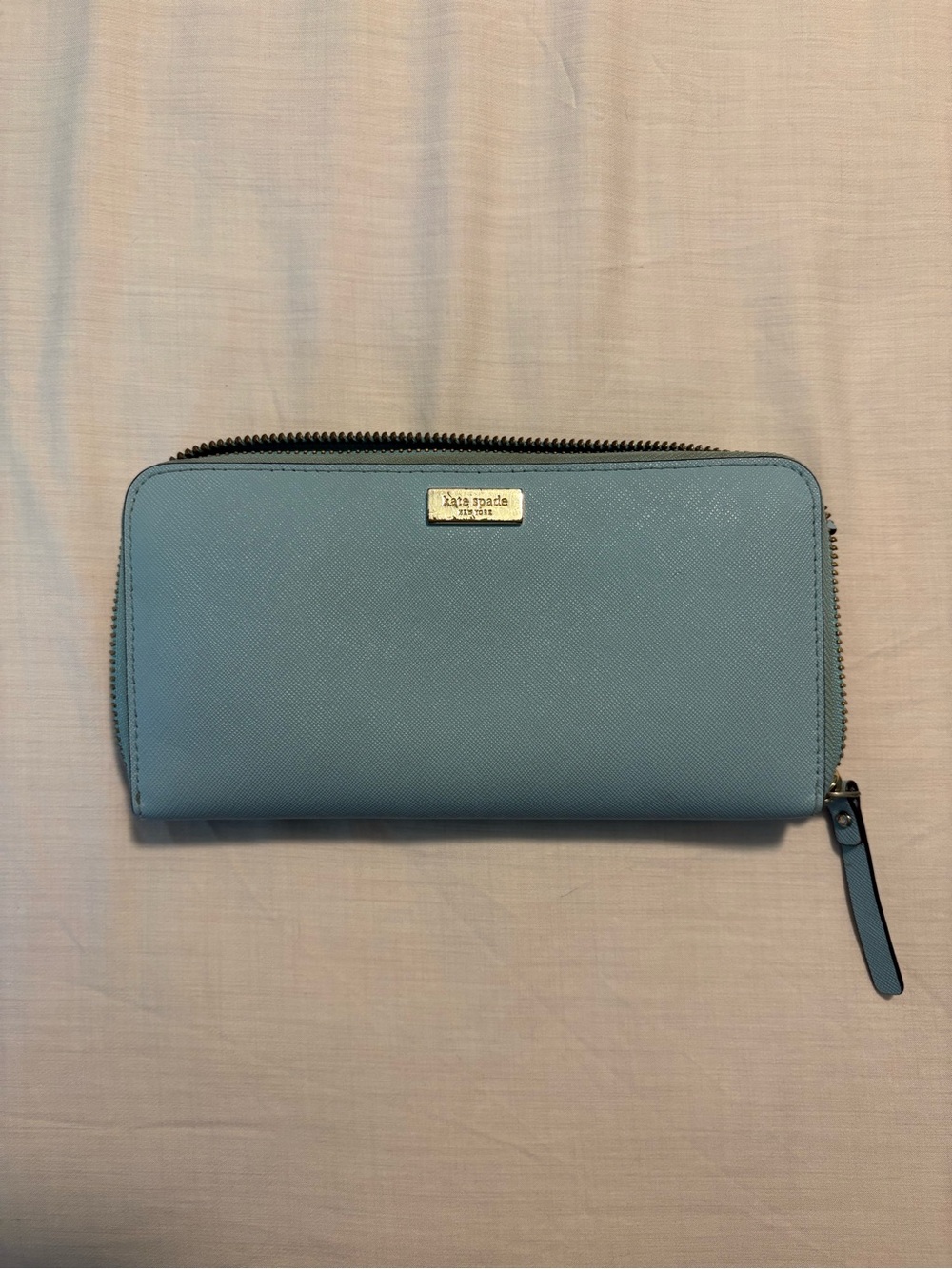 kate spade Light Blue Saffiano Zip Wallet with Gold Plaque